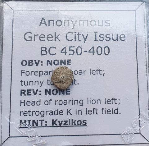 #e338# Silver Anonymous Greek city issue Hemiobol from Kyzikos, 450-400 BC.
