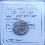 #p382# Roman silver denarius coin of Septimius Severus 197-198 AD