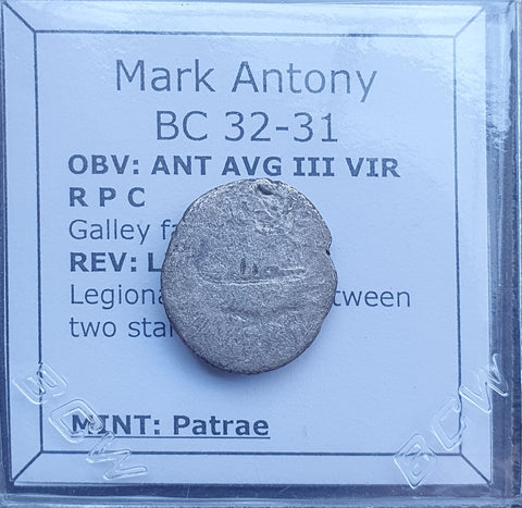 #p368# Roman Republican silver denarius of Mark Antony from 32-31 BC