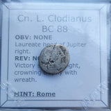 #p549# Roman Republican quinarius coin of Cn. L. Clodianus from 88 BC