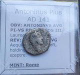 #p554# Roman silver denarius coin of Antoninus Pius from 141 AD