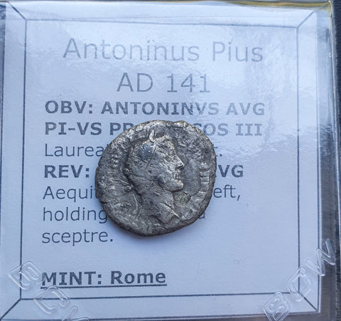 #p554# Roman silver denarius coin of Antoninus Pius from 141 AD