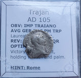 #p383# Roman silver denarius coin of Trajan from 105 AD