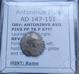 #p457# Roman silver denarius coin of Antoninus Pius from 147-151 AD