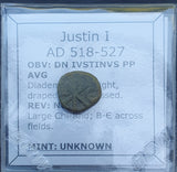 #p469# Byzantine pentanummium coin of Justin I from 518-525 AD (Christogram)