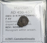 #P635# Small Roman Bronze Ae4 coin issued by Marcian from 450-457 AD