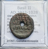 #L963# Byzantine Follis coin of Basil II from 1020-1028 AD (Constantinople)