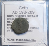 #q184# Roman provincial bronze coin of Geta from 198-209 AD (Marcianopolis)