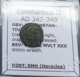 #q065# Roman Bronze coin issued by Constantius II from 347-348 AD