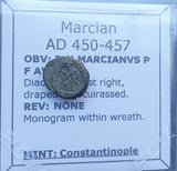 #q139# Small Roman Bronze Ae4 coin issued by Marcian from 450-457 AD