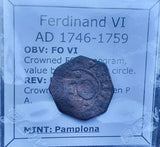 #o981# Spanish copper maravedi coin of Ferdinand VI from 1746-1759 AD