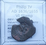 #o888# Spanish Countermarked 6 maravedis coin of Philip IV, 1636 AD