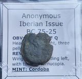 #K114# Anonymous Iberian Greek City Issue Bronze Coin of Cordoba from 75-25 BC