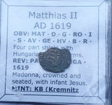#f201# Hungarian silver denar coin of Matthias II from 1619 AD