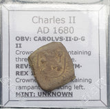 #q357# Spanish Medieval 2 maravedis coin of Charles II from 1680 AD
