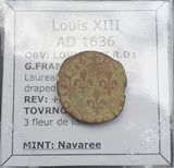 #N304# French copper double tournois coin of Louis XIII from 1636 AD
