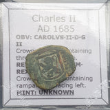#q358# Spanish Medieval 2 maravedis coin of Charles II from 1685 AD