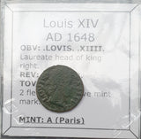 #N295# French copper tournois coin of Louis XIV from 1648 AD