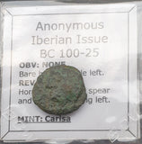 #j077# Anonymous Iberian Greek City Issue Bronze Coin of Carisa from 100-25 BC