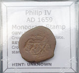 #q377# Spanish Countermarked 4 maravedis coin of Philip IV, 1659 AD
