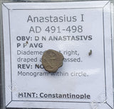 #h595# Byzantine Bronze Ae4 coin issued by Anastasius I from 491-498 AD