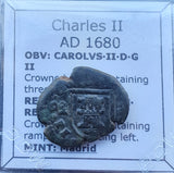 #q391# Spanish Medieval 2 maravedis coin of Charles II from 1680 AD