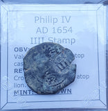 #P503# Spanish Countermarked 4 maravedis coin of Philip IV, 1654 AD
