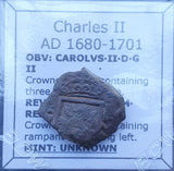#q362# Spanish Medieval 2 maravedis coin of Charles II from 1680-1701 AD