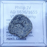 #q459# Spanish Countermarked 4 maravedis coin of Philip IV, 1636/1655 AD