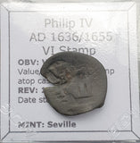 #q365# Spanish Countermarked 4 maravedis coin of Philip IV, 1636/1655 AD