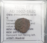 #p729# Spanish Medieval 4 maravedis coin of Philip III from 1602-1620 AD