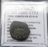 #q393# Spanish Medieval 2 maravedis coin of Charles II from 1680-1701 AD