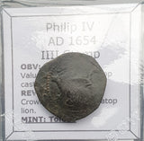 #q366# Spanish Countermarked 4 maravedis coin of Philip IV, 1654 AD