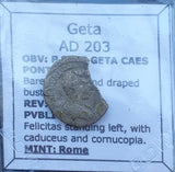 #g827# Roman silver denarius coin of Geta from 203 AD