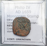 #q364# Spanish Countermarked 4 maravedis coin of Philip IV, 1659 AD
