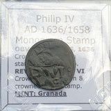 #o021# Spanish Countermarked 4 maravedis coin of Philip IV, 1658 AD