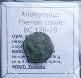 #q518# Anonymous Iberian Greek City Issue Bronze Coin of Iniesta from 120-20 BC