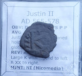 #g618# Byzantine Follis coin of Justin II from 565-578 AD