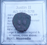 #j020# Byzantine 1/2 follis coin of Justin II from 565-578 AD