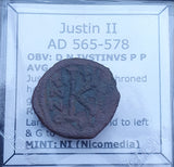 #g304# Byzantine 1/2 follis coin of Justin II from 565-578 AD