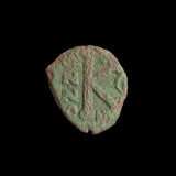 #j020# Byzantine 1/2 follis coin of Justin II from 565-578 AD