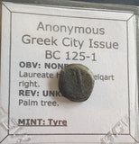 #d800# Greek bronze city issue coin from Tyre, minted between 125-1 BC.