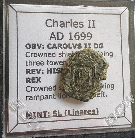 #k935# Spanish Medieval 2 maravedis coin of Charles II from 1699 AD