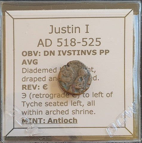 Justin Coin #L167# Byzantine pentanummium coin of Justin I from 518-525 AD (Tyche ...