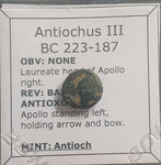 #e429# Greek Seleucid ae11 coin of Antiochos III, minted between 223-187 BC.