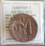 #e886# Byzantine Follis coin of Justinian I from 582-602 AD (Constantinople)