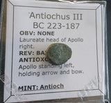 #e024# Greek bronze ae11 coin from Seleucid King Antiochus III, 222-187 BC