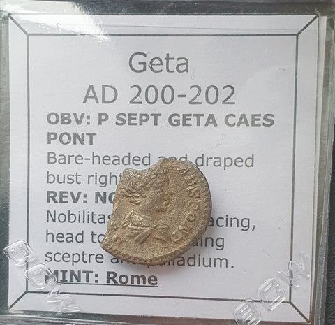 #L878# Roman silver denarius coin of Geta from 200-202 AD