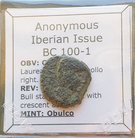 #M606# Anonymous Iberian Greek City Issue Bronze Coin of Obulco from 100-1 BC