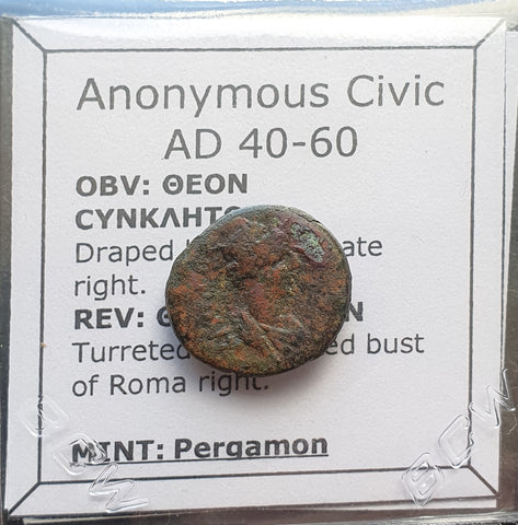 #M791# Anonymous Romo-Greek City Issue Bronze Coin of  Pergamon from 40-60 AD